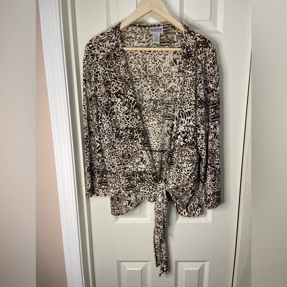 Chico’s Travelers Leopard Print stretch tie Front Layering comfort Cardigan  XL